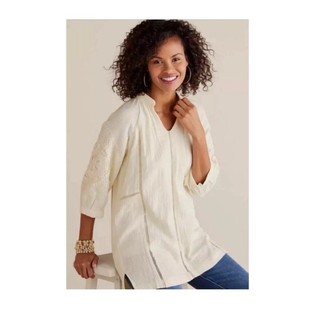 Soft‎ Surroundings Magnolia Gauze Tunic Crochet Lace 3/4 Sleeves Cotton Tunic XS